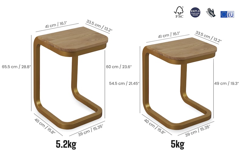 Op de afbeelding: Twee bijzettafels met een licht houten blad en een goudkleurig metalen frame. De tafels zijn 41 cm lang, 33,5 cm breed en 65,5 cm en 49 cm hoog. De ene weegt 5,2 kg, de andere 5 kg.