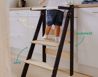 Torre de cocina para niños, taburete de aprendizaje plegable, muebles montessori, torre auxiliar, taburete de aprendizaje ajustable en altura plegable para niños pequeños