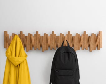 Coat Rack Wall Mounted Handmade Solid Oak Natural Wood Hook Rail for Hallway
