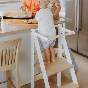 Kinderkeukentoren opvouwbare leren opstapje Montessori meubelhelper toren opvouwbare in hoogte verstelbare peuter leren opstapje White+clear lacquer