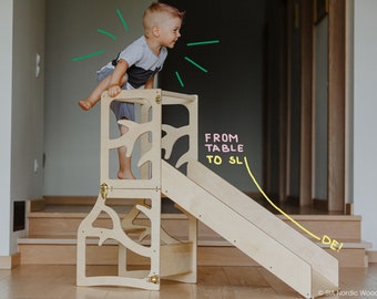 Kinderküchenturm 3-in-1-Lernhocker, Schreibtischrutsche, Montessori-Möbelhelferturm, faltbar