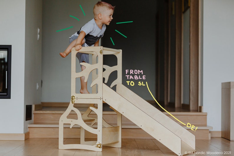 Kids kitchen tower 3in1 learning step stool desk slide montessori furniture helper tower foldable image 1