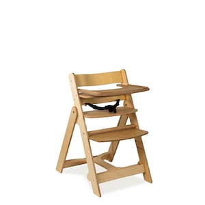 May include: A wooden high chair with a tray and footrest. The chair is made of light-colored wood and has a black safety strap. The design is simple and functional, suitable for a baby or toddler.