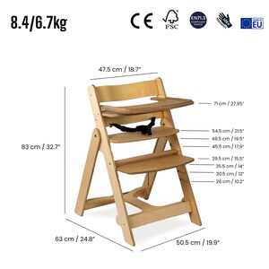 May include: A wooden high chair with a tray and safety straps. The chair is 32.7 inches tall, 24.8 inches wide, and 19.9 inches deep. The tray is 18.7 inches wide. The chair has multiple levels for the seat and footrest.