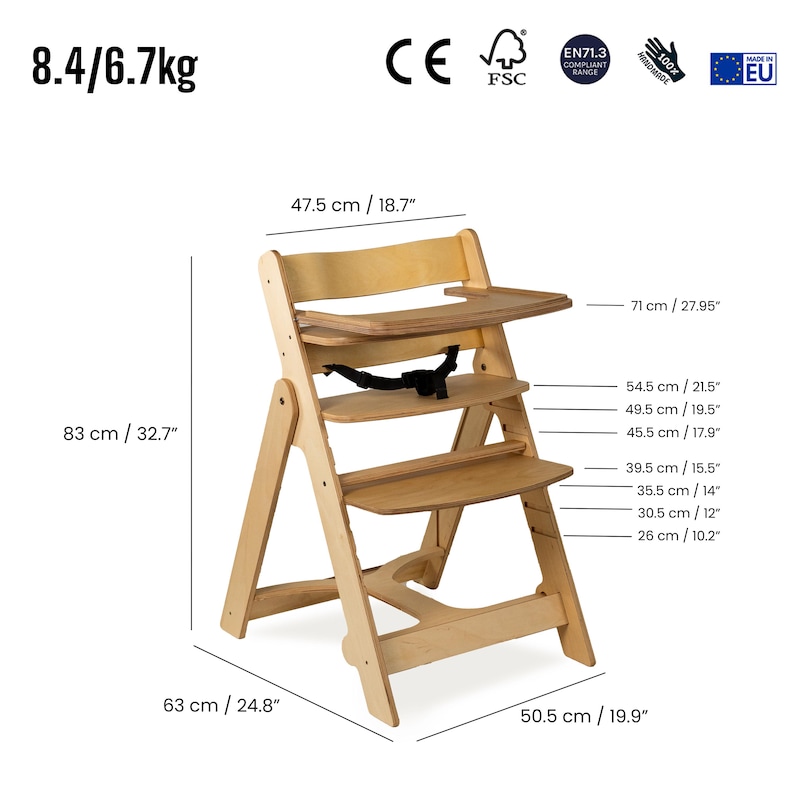 May include: A wooden high chair with a tray and safety straps. The chair is 32.7 inches tall, 24.8 inches wide, and 19.9 inches deep. The tray is 18.7 inches wide. The chair has multiple levels for the seat and footrest.