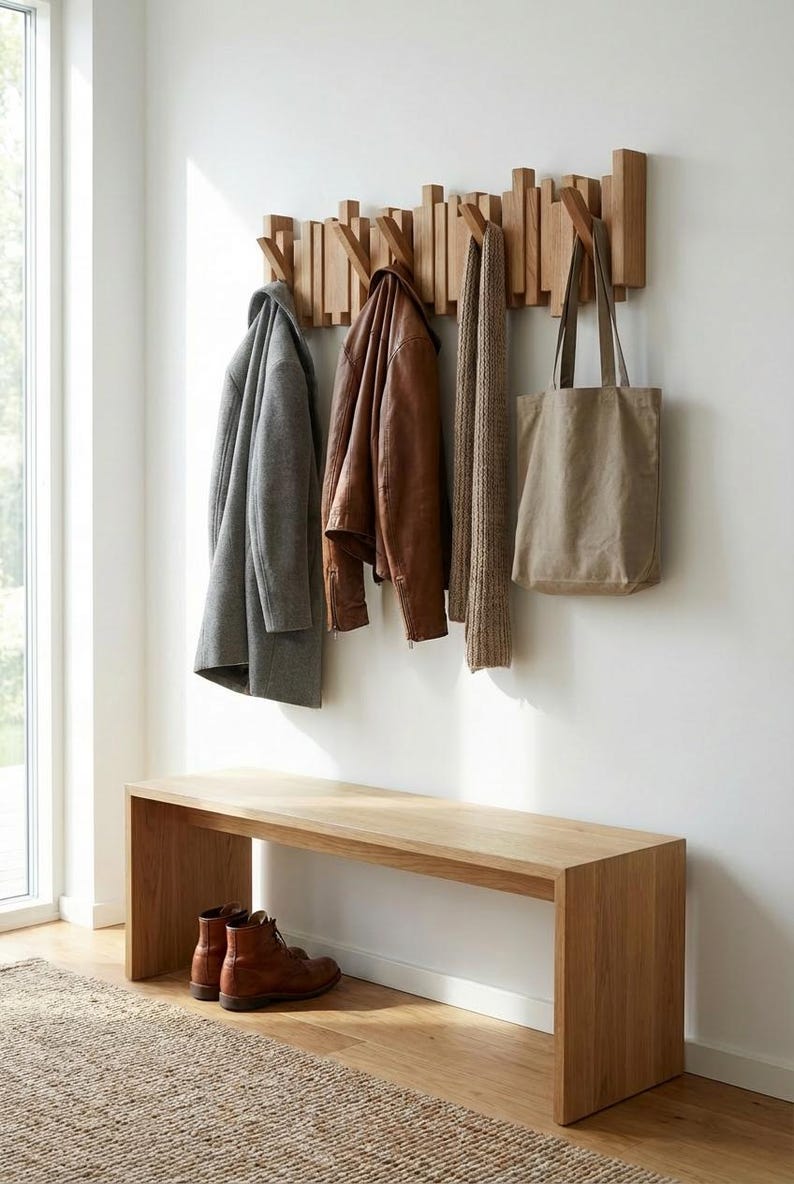 Coat Rack Wall Mounted Handmade Solid Oak Natural Wood Hook Rail for Hallway image 3
