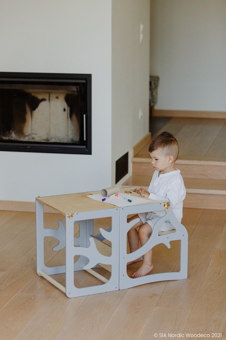 Kids kitchen tower 3in1 learning step stool desk slide montessori furniture helper tower foldable image 9