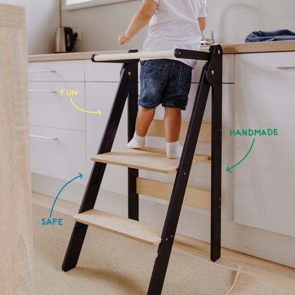 Torre de cocina para niños, taburete de aprendizaje plegable, muebles montessori, torre auxiliar, taburete de aprendizaje ajustable en altura plegable para niños pequeños