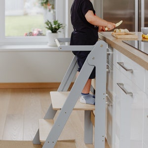 Kids kitchen tower foldable learning step stool montessori furniture helper tower folding height adjustable toddler learning step stool Grey+clear lacquer