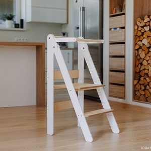 Torre de cocina para niños, taburete de aprendizaje plegable, muebles montessori, torre auxiliar, taburete de aprendizaje ajustable en altura plegable para niños pequeños imagen 2