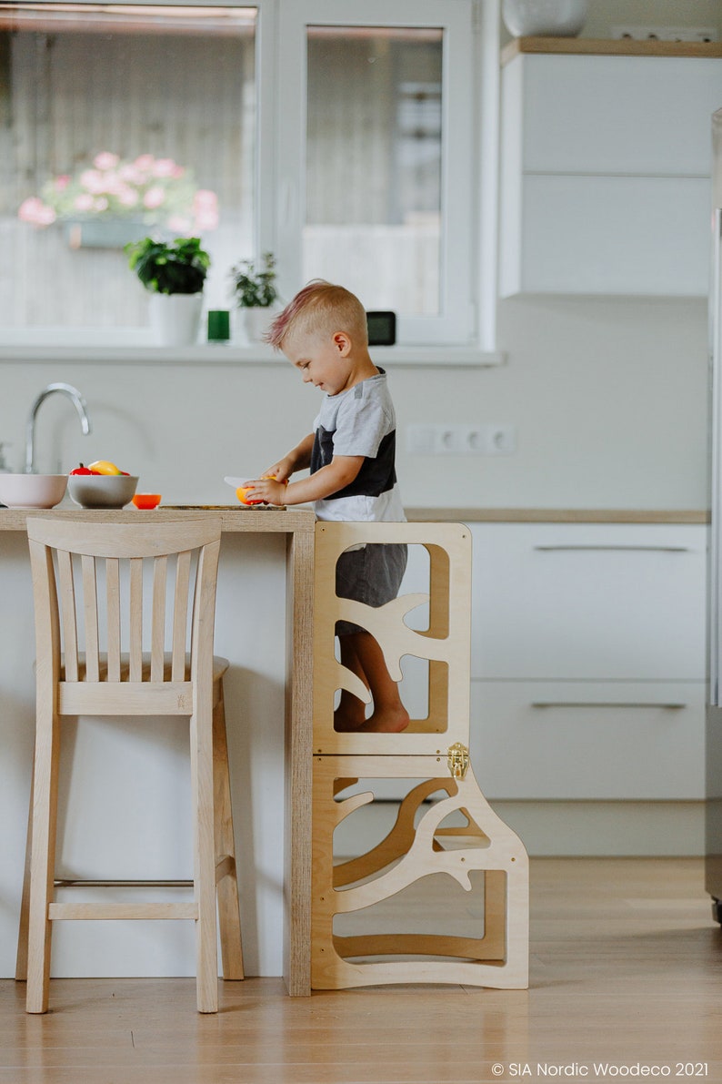 Kids kitchen tower 3in1 learning step stool desk slide montessori furniture helper tower foldable image 2