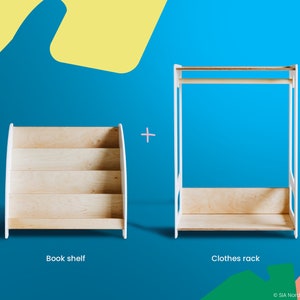 May include: A white wooden bookshelf with three shelves and a white wooden clothes rack with a hanging bar and a shelf. The text "Book shelf" is below the bookshelf and the text "Clothes rack" is below the clothes rack.