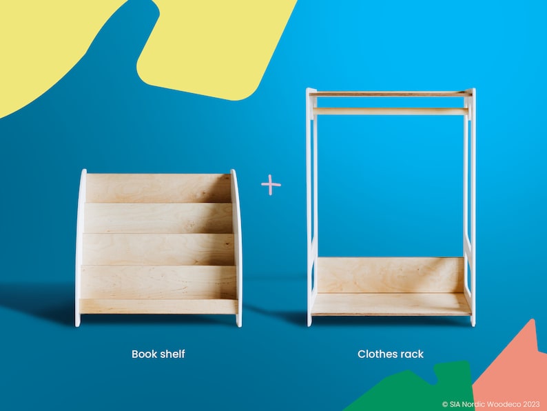 May include: A white wooden bookshelf with three shelves and a white wooden clothes rack with a hanging bar and a shelf. The text "Book shelf" is below the bookshelf and the text "Clothes rack" is below the clothes rack.