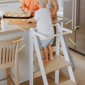 Torre de cocina para niños, taburete de aprendizaje plegable, muebles montessori, torre auxiliar, taburete de aprendizaje ajustable en altura plegable para niños pequeños White+clear lacquer