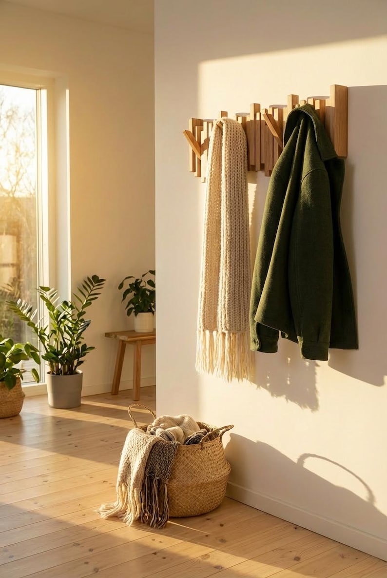 Coat Rack Wall Mounted Handmade Solid Oak Natural Wood Hook Rail for Hallway image 2