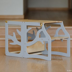 Kids kitchen tower 3in1 learning step stool desk slide montessori furniture helper tower foldable image 3