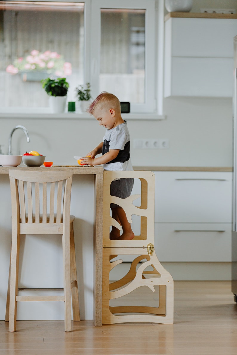 Tour de cuisine pour enfants 3en1 escabeau d'apprentissage toboggan de bureau montessori tour d'assistance pliable image 2