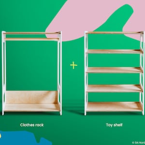 May include: A white clothes rack with a wooden shelf and a white toy shelf with four wooden shelves. The shelves are against a green background with pink and yellow shapes.