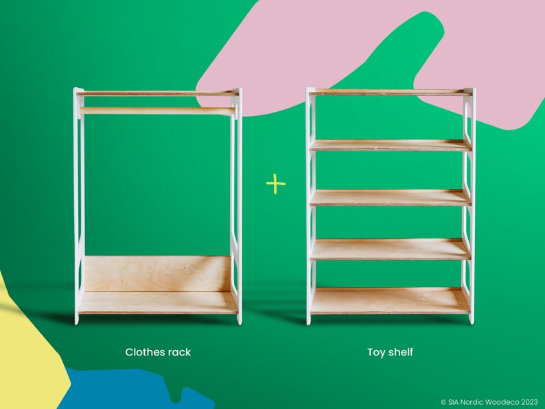 May include: A white clothes rack with a wooden shelf and a white toy shelf with four wooden shelves. The shelves are against a green background with pink and yellow shapes.
