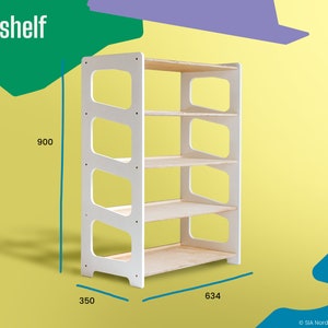 May include: White toy shelf with four shelves and rounded edges. The shelf is 35 inches wide, 63.4 inches tall, and 90 inches high.  "Toy shelf" is written in black text at the top of the image.