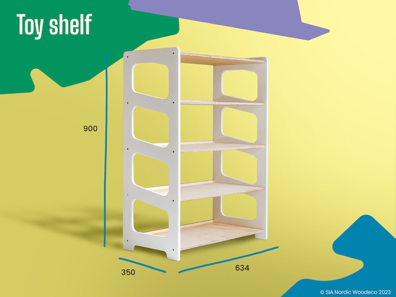 May include: White toy shelf with four shelves and rounded edges. The shelf is 35 inches wide, 63.4 inches tall, and 90 inches high.  "Toy shelf" is written in black text at the top of the image.