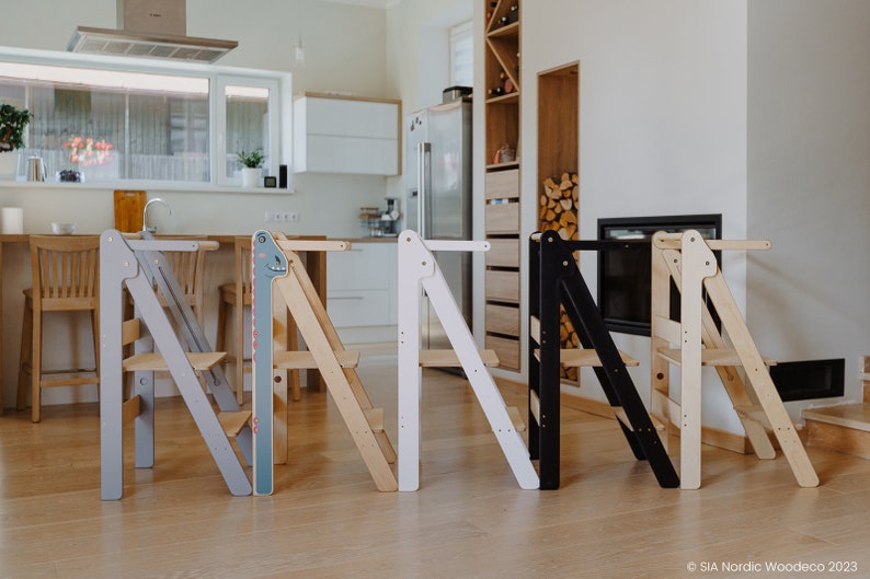 Torre de cocina para niños, taburete de aprendizaje plegable, muebles montessori, torre auxiliar, taburete de aprendizaje ajustable en altura plegable para niños pequeños imagen 10