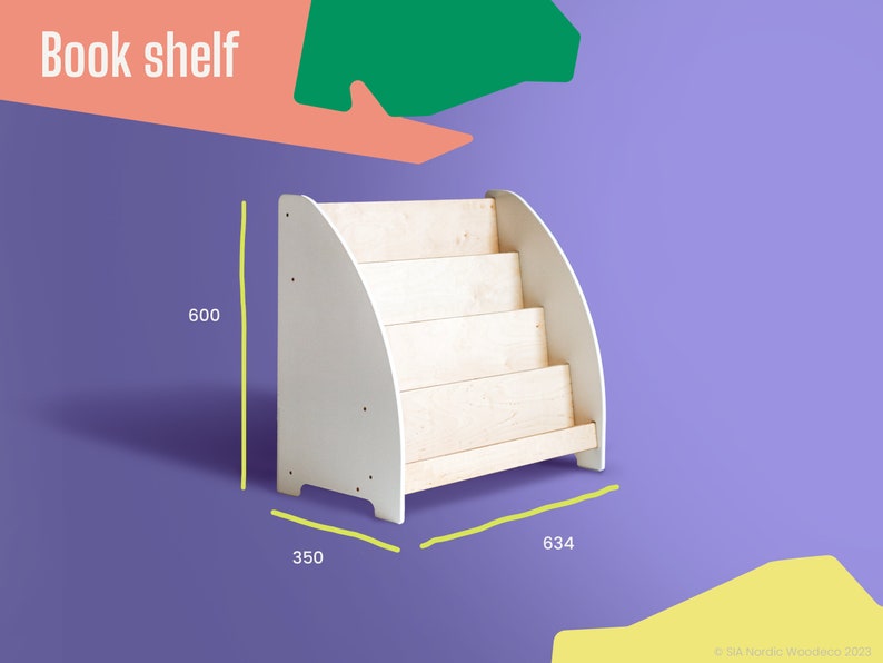 May include: White wooden bookshelf with five shelves. The bookshelf is 23.6 inches wide, 25 inches tall, and 14 inches deep.
