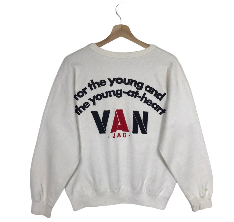 Japanese Brand Sportswear VAN JAC Embroidery Big Logo White Crew Neck Sweatshirt Size Medium