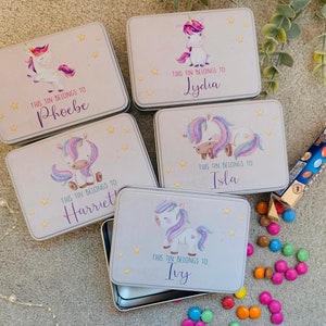 Personalised unicorn tin, sweets, treat, keepsake tin, candy box, gift for her, birthday, pocket, kid, girl present, toddler, custom, tub
