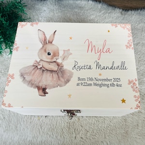 Personalised Ballerina Bunny memory box, keepsake, rabbit, new baby, child gift, birthday, baby shower, toddler, treasure chest, dance