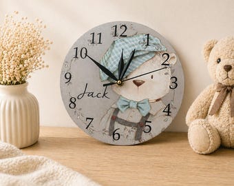 Teddy Bear clock, Personalised gift, child bedroom, new baby, nursery, baby shower, Mum to be, newborn, First birthday, toddler, bunny