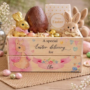 Personalised Easter box, crate, Egg, hamper, gift, kid present, bunny, toddler, new baby, rabbit, daughter, son, grandchild, first, her him