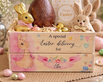 Personalised Easter box, crate, Egg, hamper, gift, kid present, bunny, toddler, new baby, rabbit, daughter, son, grandchild, first, her him