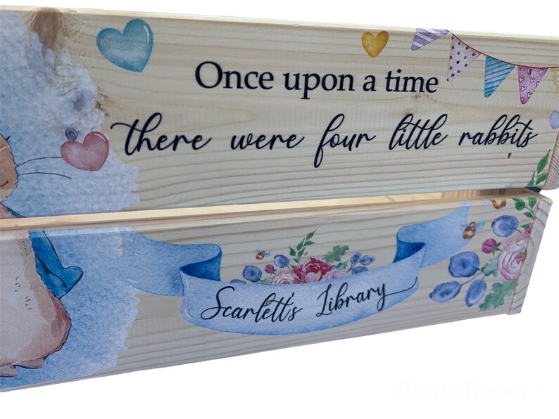 Personalised book box, book crate, rabbit, new baby gift, kids gift, christening gift, baby keepsake, child's birthday, bunny, kids present image 6