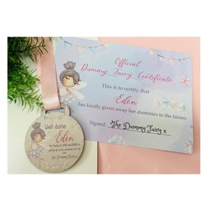 Dummy fairy medal plus certificate, children's gift, pacifier fairy, giving up the dummy, well done medal, personalised medal, baby, toddler