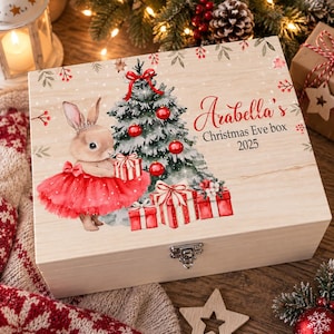 Caja de Nochebuena personalizada con conejito bailarín, caja de madera para Navidad, tradición familiar, recuerdo, regalo de Papá Noel, noche antes de Navidad, para niños