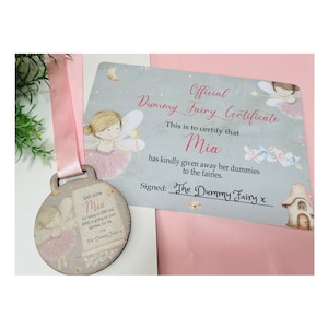 Dummy fairy medal with certificate, children's gift, pacifier fairy, giving up the dummy, well done medal, personalised medal, baby, toddler