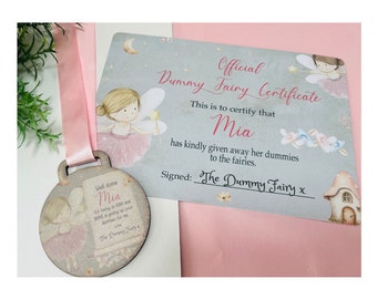 Dummy fairy medal with certificate, children's gift, pacifier fairy, giving up the dummy, well done medal, personalised medal, baby, toddler