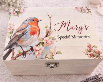 Personalised wood Red Robin keepsake box, memory, gift, children, baby, toddler, birthday, christening, safari, teenager, for her, for him