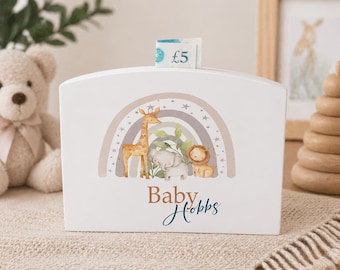Personalised kids money box, money pot, piggy bank, toddler gift, holiday savings, birthday, boy, girls, safari, rainbow, Christening, baby