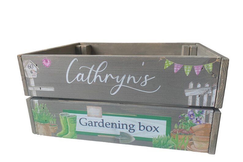 Personalised gardening box, gardener, gardening gift, garden lover, Grandparent gift, Dad gift, Mum gift, gardening tools, garden box, plant Grey