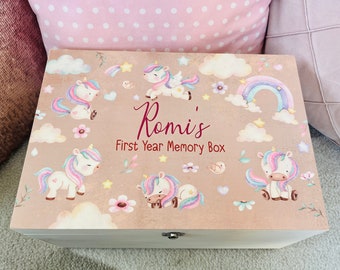 Personalised unicorn keepsake box, memory box, gift box, children box, baby box, baby gift, child gift, christening, rainbow, unicorns, girl