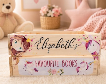 Personalised Princess Unicorn Wooden Crate, Kids Book Storage, Baby Keepsake Box