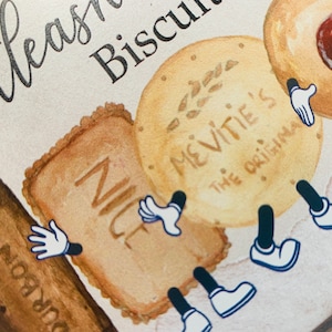 May include: A watercolour illustration of various biscuits with cartoon legs and arms. The biscuits are labelled "Nice", "McVitie's The Original", and "Bourbon".
