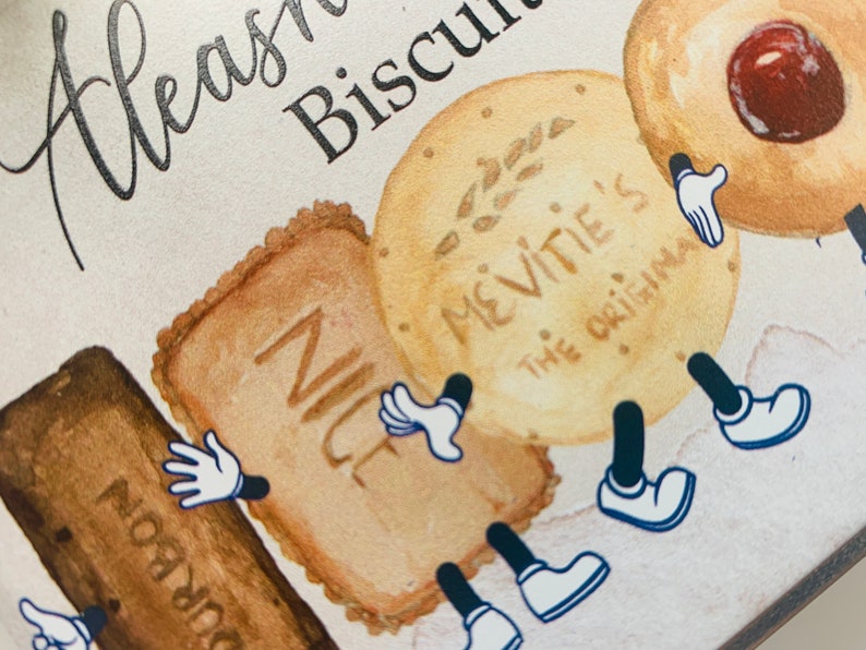 May include: A watercolour illustration of various biscuits with cartoon legs and arms. The biscuits are labelled "Nice", "McVitie's The Original", and "Bourbon".