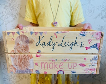 Personalised make up box, wooden book crate, crate, make up, baby gift, kids gift, book storage, christening gift, new baby, teenager girl