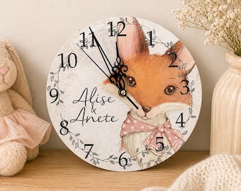 Vintage Fox clock, Personalised gift, child bedroom, new baby, nursery, baby shower, Mum to be, newborn, 1st birthday, toddler, Christening