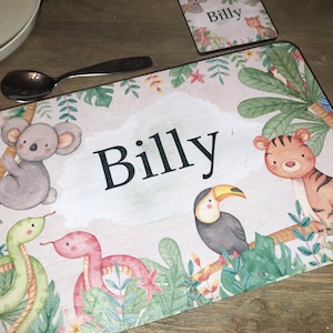 Personalised jungle animal placemat set, table mat, placemat and coaster, children placemat, gift for kids, child gift, christening, dinner