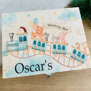 Personalised wooden keepsake box, memory, gift, children, baby, christening, trains, animals, Christening, birthday, newborn, her, him, Xmas