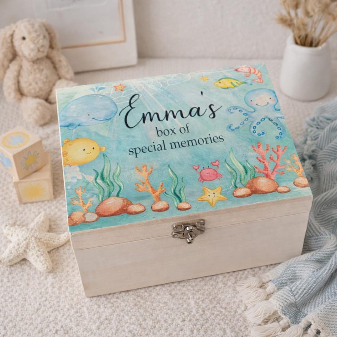 Ocean Wrapped Box Personalised Wooden Ocean Keepsake Box, Under the Sea Memory Box, Baby ...